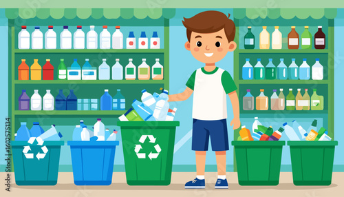 Cheerful young boy with brown hair recycling plastic bottles into a large green bin.