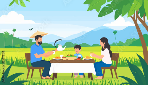 Smiling family of three having a meal at a table, father in a conical hat pours tea from a white teapot.