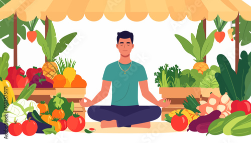 A calm man meditating in a lotus pose at a vibrant farmer's market stall surrounded by fresh fruits and vegetables.