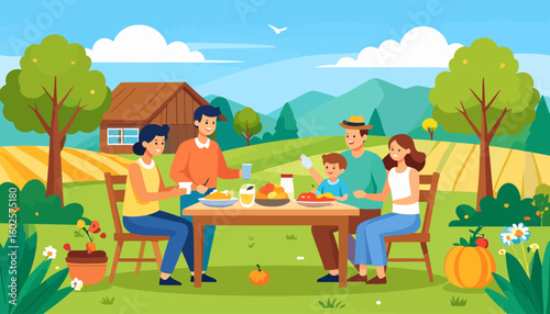 Happy family of five enjoying a picnic meal together at a wooden table in a sunny, rural setting.