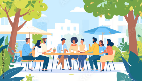 Diverse group of young friends in casual attire socializing and drinking coffee at a long outdoor table.