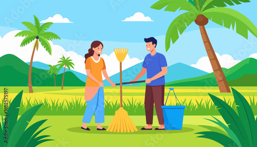 A happy young couple in casual clothes cleaning together with a broom and rake.
