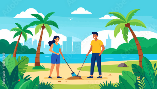 A smiling man and woman in casual clothes volunteering to clean a beach with a shovel and a rake, depicted in a flat vector style.