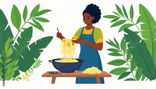 Smiling African woman in a blue apron happily cooking fresh yellow noodles in a wok with chopsticks.