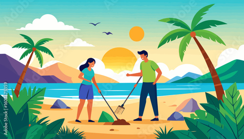 A smiling man and woman in casual clothes cleaning a tropical beach together with rakes. Flat vector illustration.