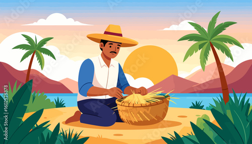 Illustration of a focused male artisan with a mustache wearing a yellow hat, kneeling and weaving natural fibers into a wicker basket.