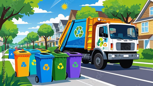 Urban Recycling Journey: A vibrant illustration captures a recycling truck navigating a residential street, with a row of colorful bins ready for collection. Generative AI