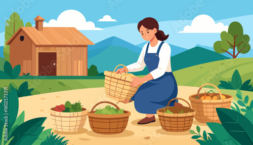A smiling female farmer in a blue apron sorting freshly harvested produce into wicker baskets.