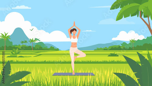 Slender woman in white sportswear practicing the Vrikshasana Tree Pose.