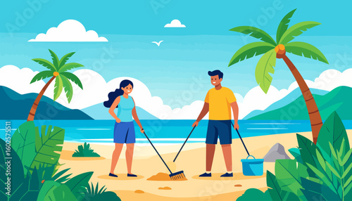 Two smiling volunteers, a man and a woman, cleaning a sandy beach with a rake and bucket in a colorful flat illustration style.