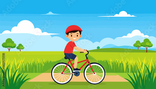 Cheerful cartoon boy wearing a red helmet and shirt, happily riding a red bicycle.