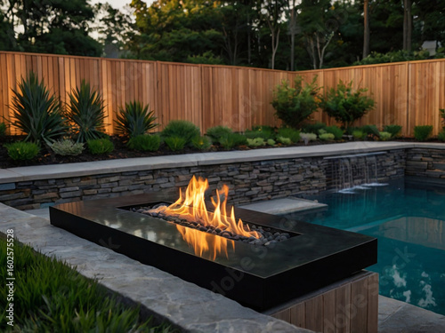 Modern outdoor fire pit beside tranquil swimming pool waterfall modern design