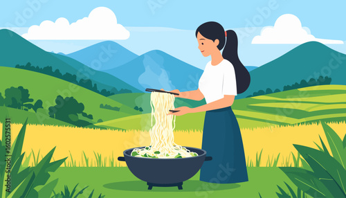 A smiling woman with a ponytail, wearing a white shirt and blue skirt, lifts steaming noodles from a wok with chopsticks.