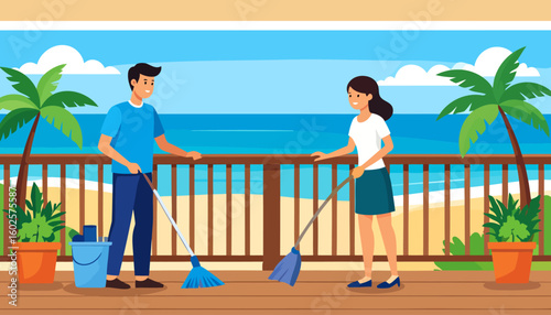 A cheerful young couple in casual attire sweeping a wooden deck together with brooms.