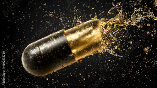 A dramatic capture of a golden capsule pill bursting with splashing liquid against a sleek black backdrop, suggesting rapid drug release.