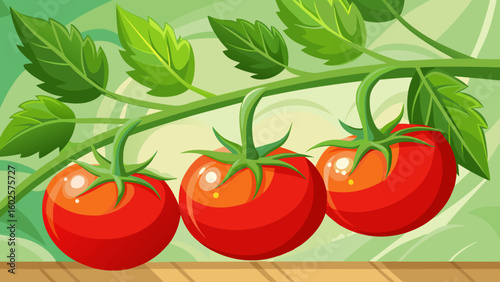 Vector art of three ripe red tomatoes hanging from a green vine with lush leaves