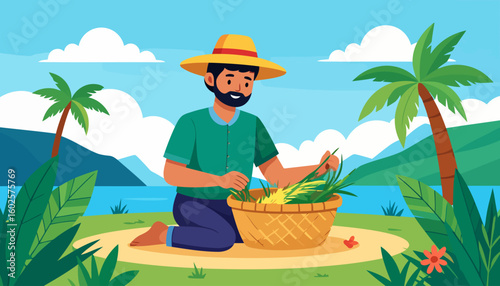 Bearded farmer in a yellow sunhat kneeling with a woven basket of freshly harvested green and yellow crops.