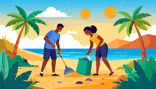 A smiling Black couple in casual clothes cleaning together with a rake and a dustpan, illustrating teamwork and environmental care.