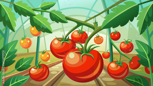 Vector art of a lush greenhouse displays a variety of ripe tomatoes from deep red to bright orange growing on their vines