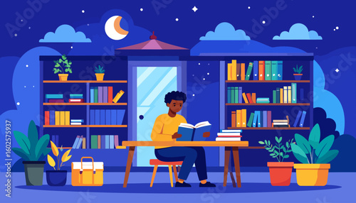 Illustration of a focused young man studying at a desk in a cozy library under a starry night sky.