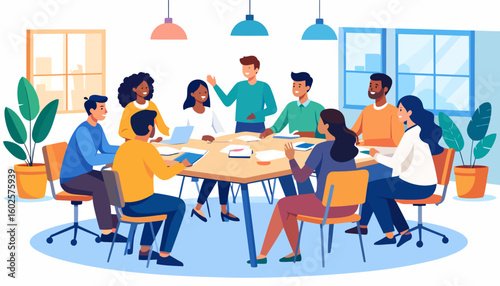 A diverse team of colleagues collaborating in a modern office meeting, illustrated in a flat, colorful style.