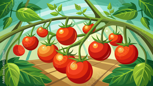 Vector art of a vibrant scene of red and orange tomatoes flourishing on branches within a bright airy greenhouse