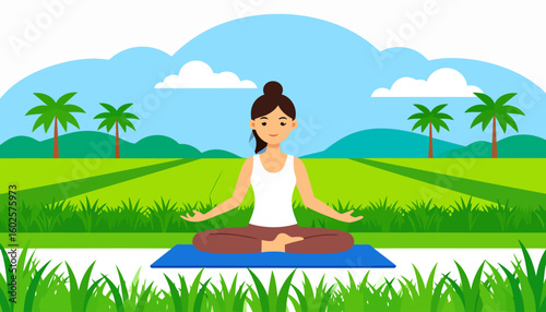 Smiling cartoon woman with a hair bun meditating in a lotus pose on a blue mat.