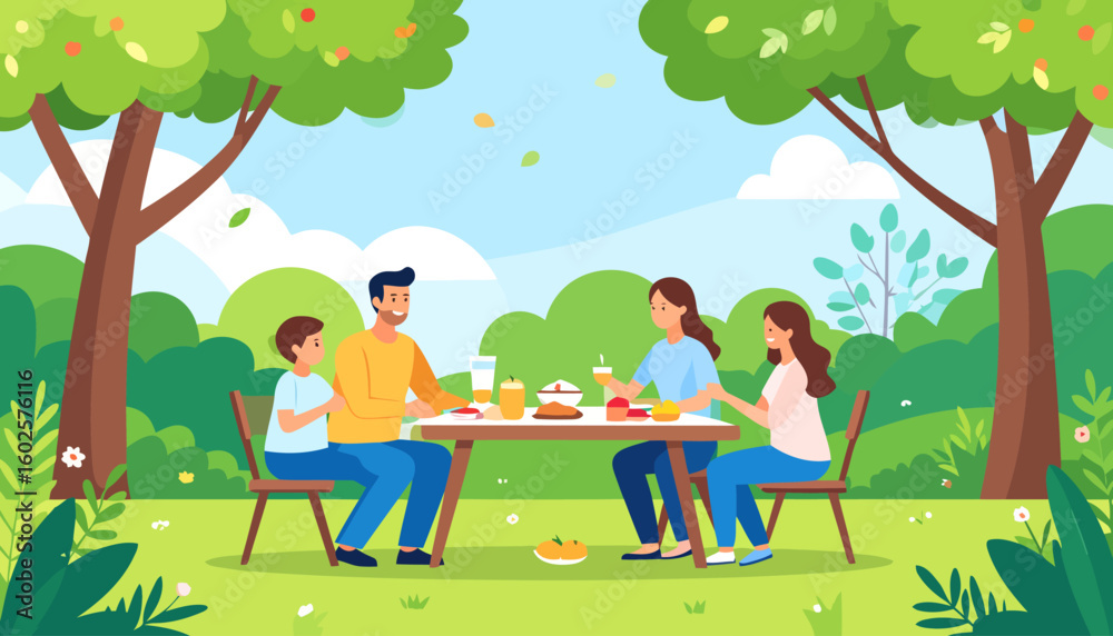 Fototapeta premium A happy family of four enjoying a summer picnic meal at a table outdoors, depicted in a colorful flat illustration style.