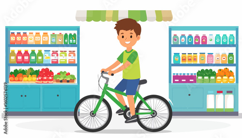 Cheerful cartoon boy with brown hair, wearing a green shirt and blue shorts, smiling while riding a green bicycle.