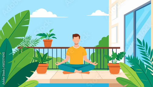 Man in a yellow shirt and blue pants meditating in a serene, cross-legged lotus pose with a calm expression.