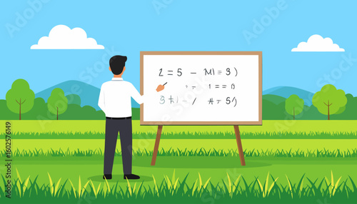 Male teacher with black hair, seen from behind, pointing at a whiteboard on an easel.