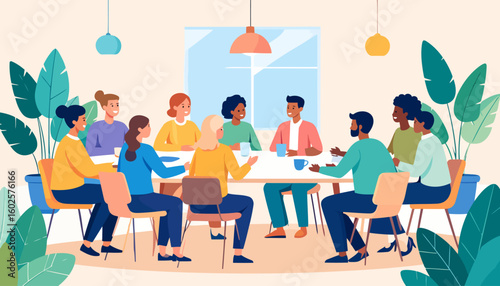 Diverse group of smiling people in colorful attire having a friendly conversation around a table.