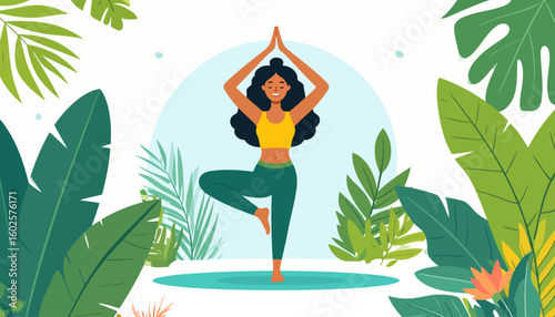 A serene woman with long wavy black hair practicing the yoga tree pose (Vrksasana).