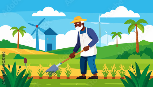 Elderly Black farmer with a white beard and yellow hat, cultivating a field with a hoe.