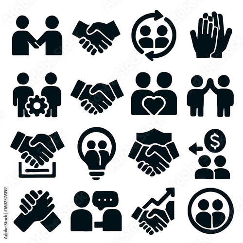 A business success icons illustrating cooperation, partnership, and agreement for company growth and collaboration, featuring handshakes, teamwork and negotiation in business