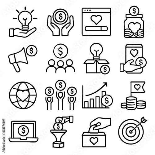 A financial giving icons outline design set for charity and donation concepts, representing investment, social impact, and crowdfunding for good causes