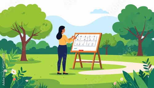A female teacher with long dark hair, wearing a yellow shirt, pointing at a whiteboard on an easel.