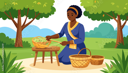 A smiling woman in a blue and gold dress skillfully weaving a traditional wicker basket outdoors.