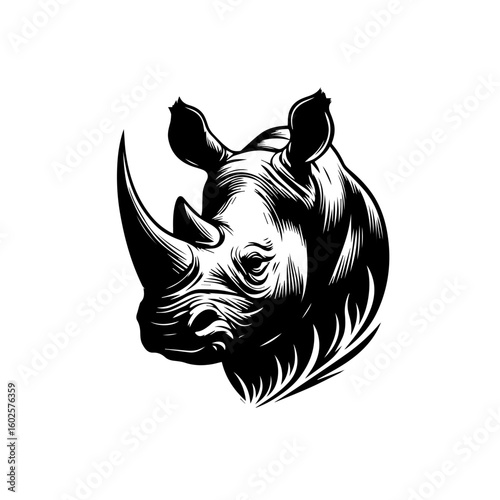 A powerful black and white illustration of a rhinoceros head isolated on white background