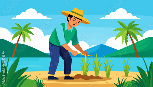Happy young farmer in a yellow hat and green shirt planting rice seedlings.
