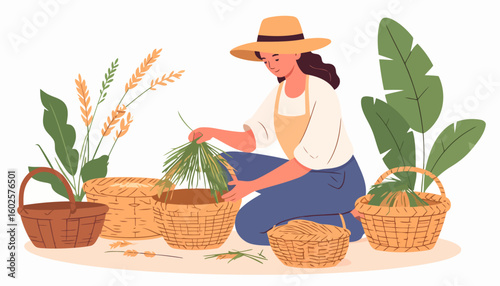 A female farmer in a straw hat and apron kneels while gathering green plants and wheat into several wicker baskets.