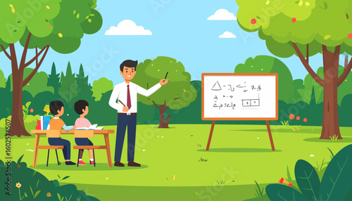 Smiling teacher explaining a lesson on a whiteboard to two students during an outdoor class in a park.