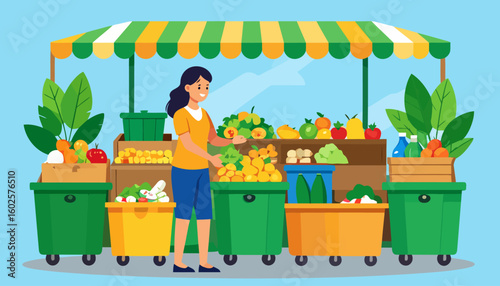 A cheerful woman with dark hair selects fresh produce from a vibrant farmers market stall.
