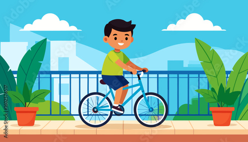 Cheerful young boy with black hair happily riding a bright blue bicycle outdoors.