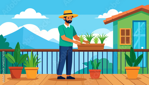 A bearded man in a yellow hat and green shirt tending to plants in a wooden planter box.