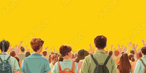 Back to school crowd of students with backpacks, cheering together against bright yellow background. Perfect for education, youth, and event concepts. Vector illustration.


