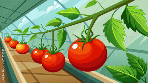 Vector art of a row of plump red tomatoes are ready for harvest in a modern greenhouse