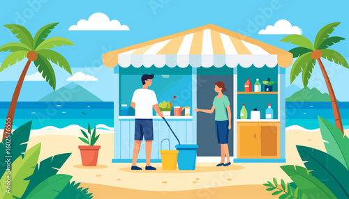 Man with buckets and woman interacting at a tropical beach refreshment stall.