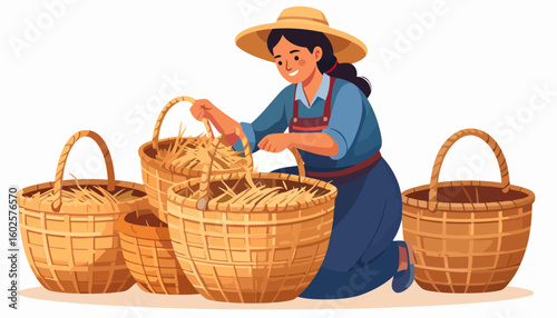 Smiling female farmer in a straw hat kneeling while arranging hay in woven wicker baskets.