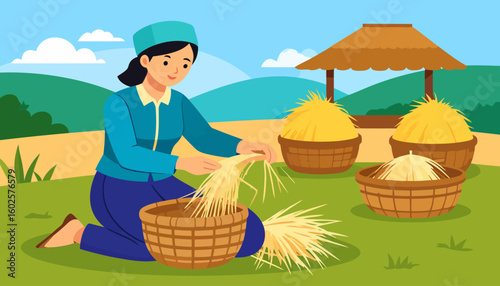A smiling female farmer in a blue hat and shirt, kneeling while sorting golden rice stalks into a woven basket.
